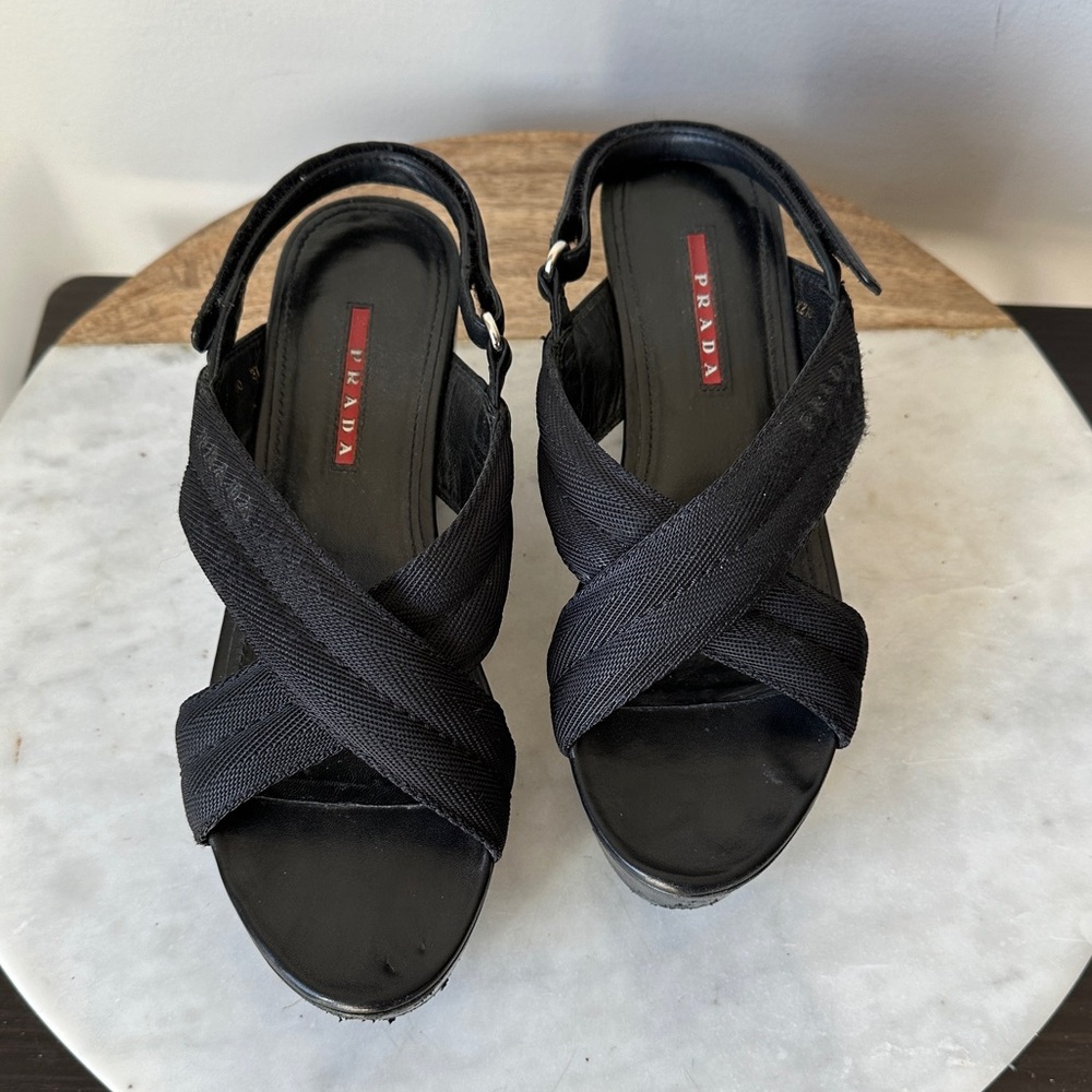 Prada Black Wedge Sandals